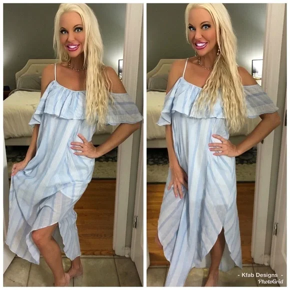 LAST! Stunning and Comfy Lined Baby Blue/White Striped Dress - Picture 3 of 6